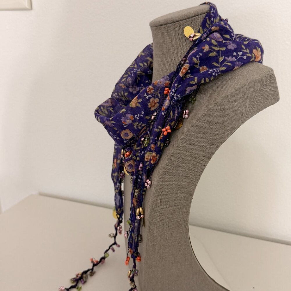 Traditional Turkish Oya Neck Violet  Scarf Bead & Needle Lace on Lawn Cotton - Picture 10 of 16